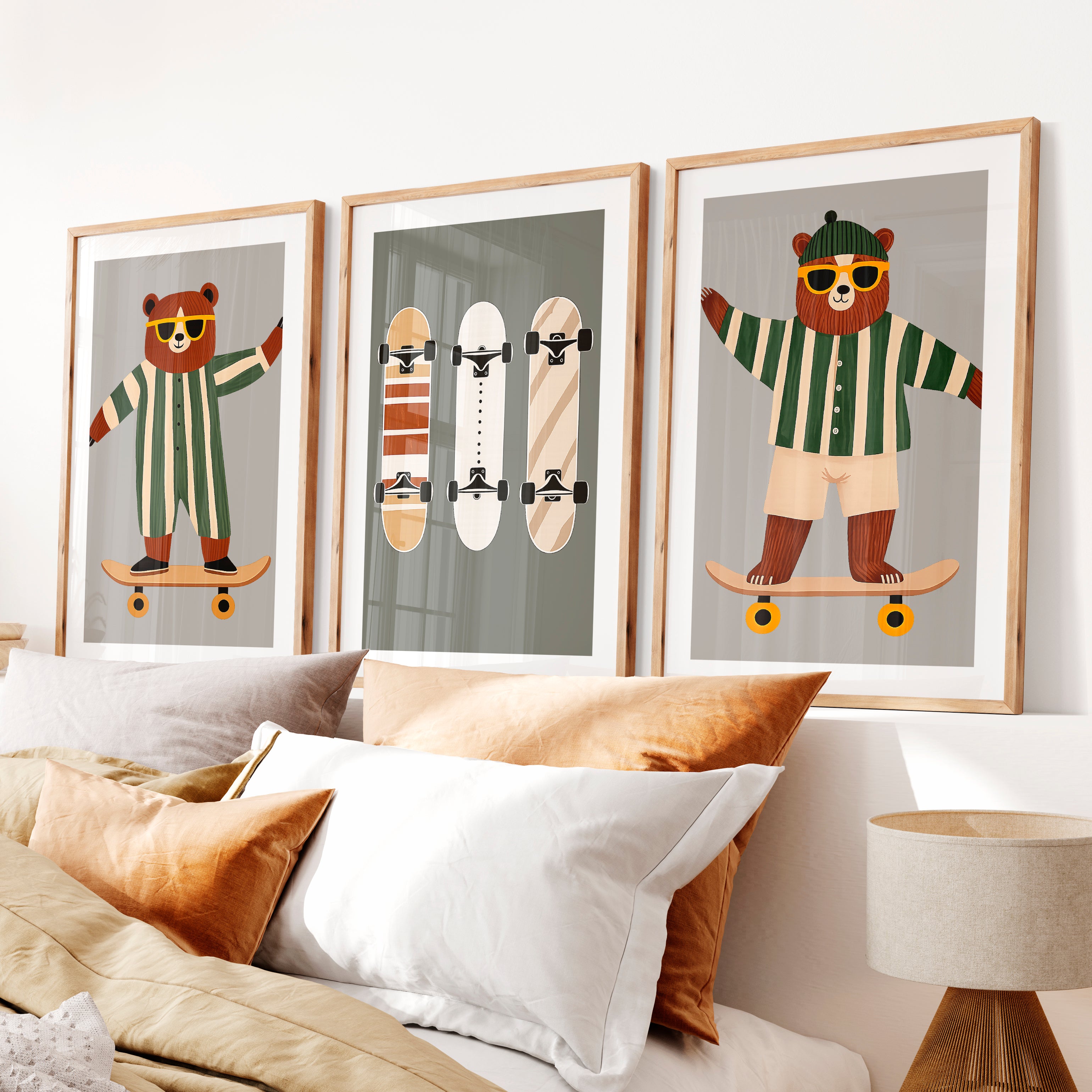 Skater Bears retro interior design ideas- Natural Wood Framed Poster with White Border - Artworksets