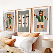 Skater Bears retro interior design ideas- Natural Wood Framed Poster with White Border - Artworksets