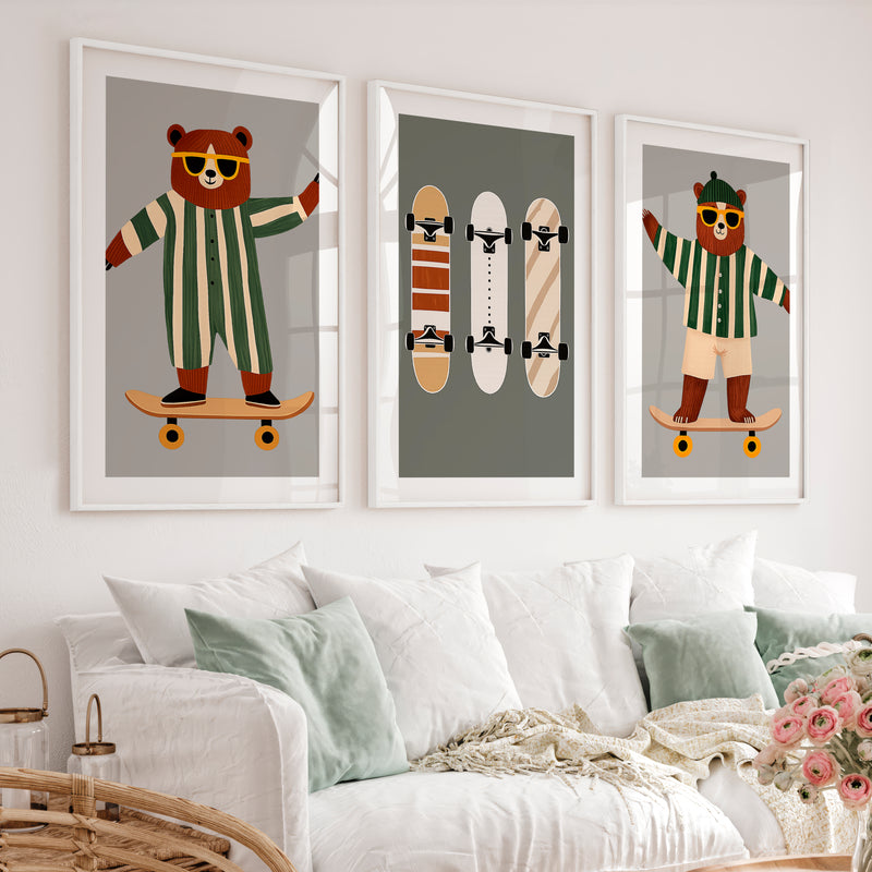 Skater Bears retro interior design ideas - White Framed Poster with White Border - Artworksets