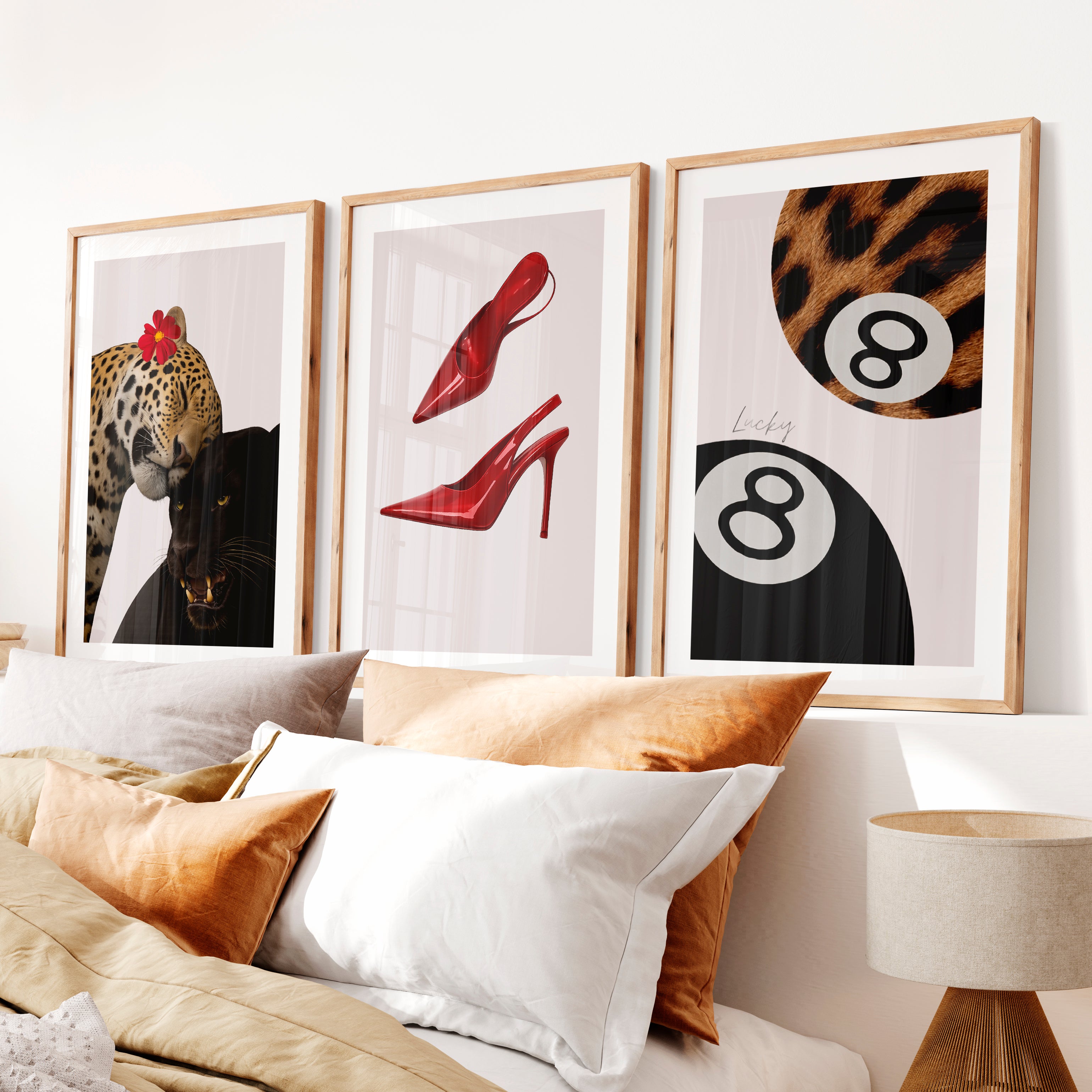 Panther Heels retro interior design ideas with Lucky 8 Balls- Natural Wood Framed Poster with White Border - Artworksets