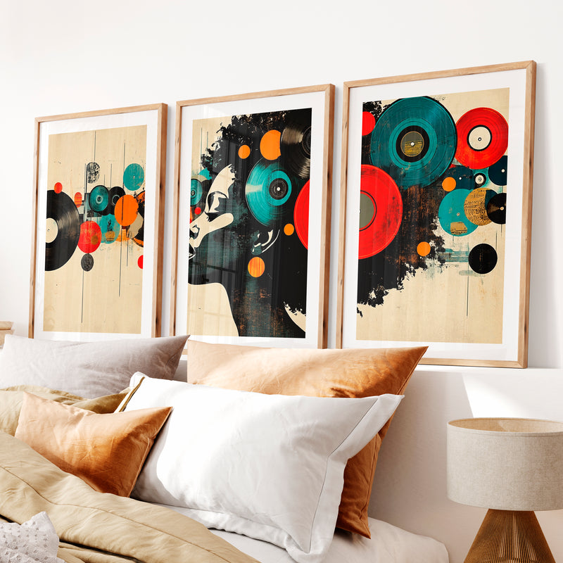 Vinyl Headphones retro interior design- Natural Wood Framed Poster with White Border - Artworksets