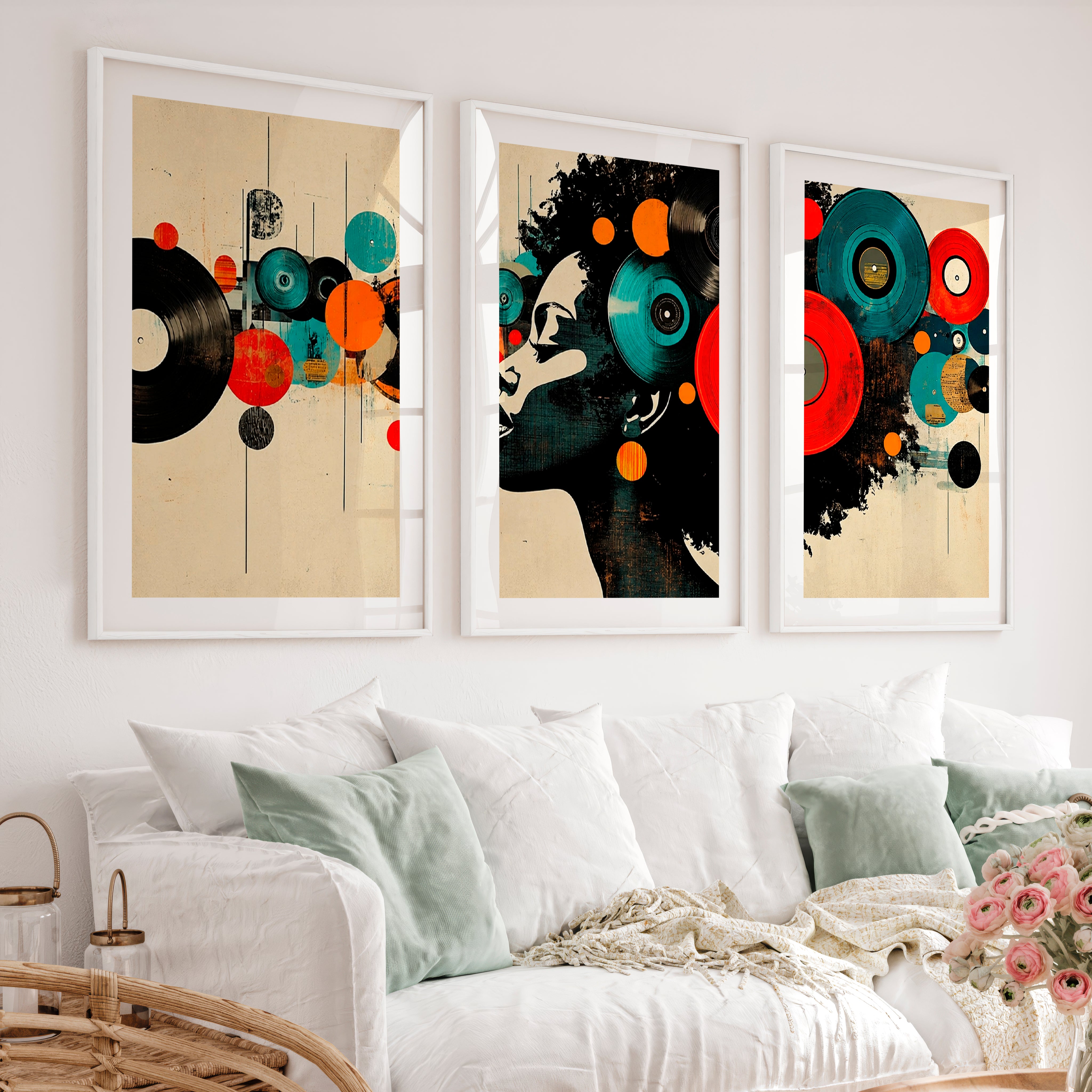 Vinyl Headphones retro interior design - White Framed Poster with White Border - Artworksets