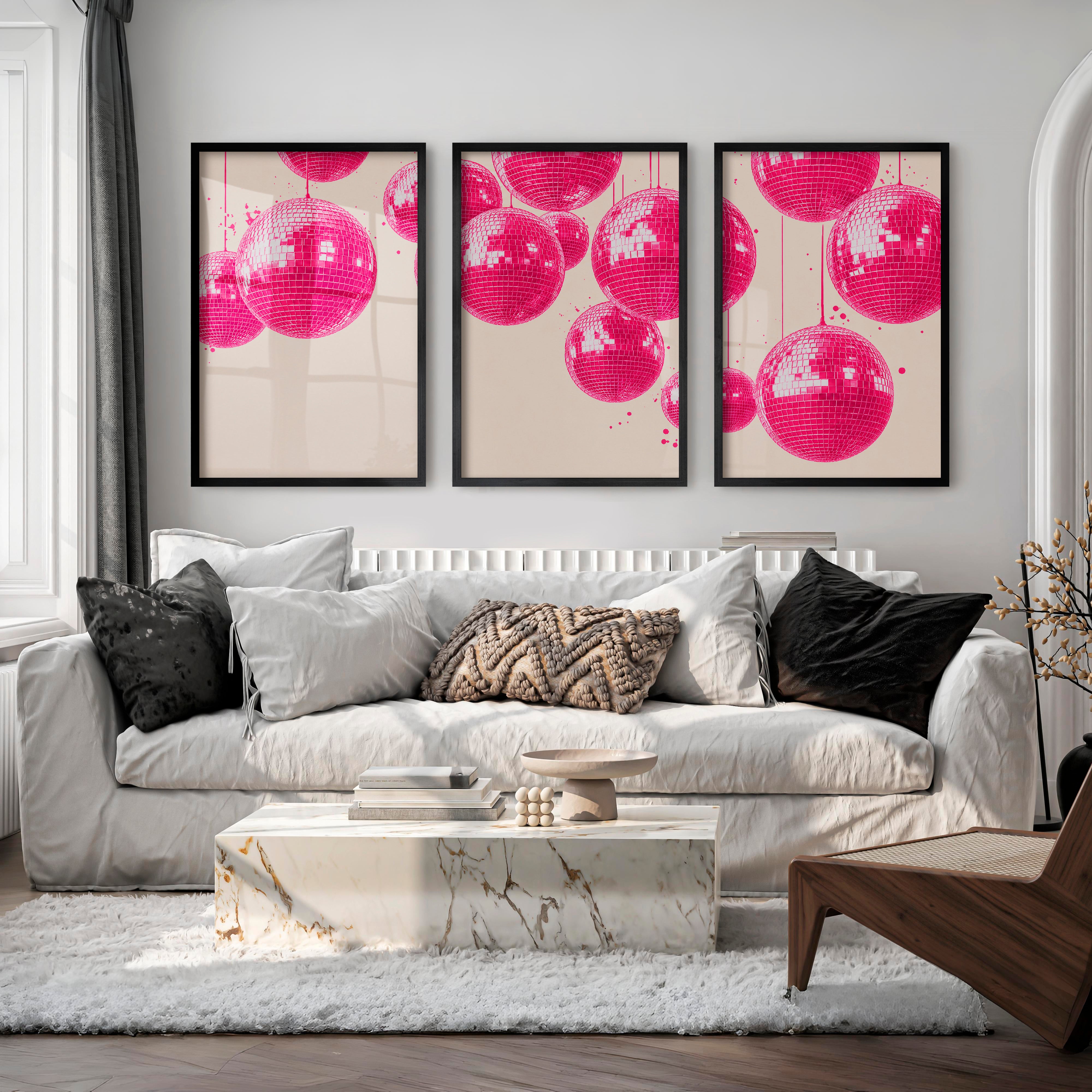 Pink Disco Ball Print for retro interior - Black Framed Poster No Border - Artworksets