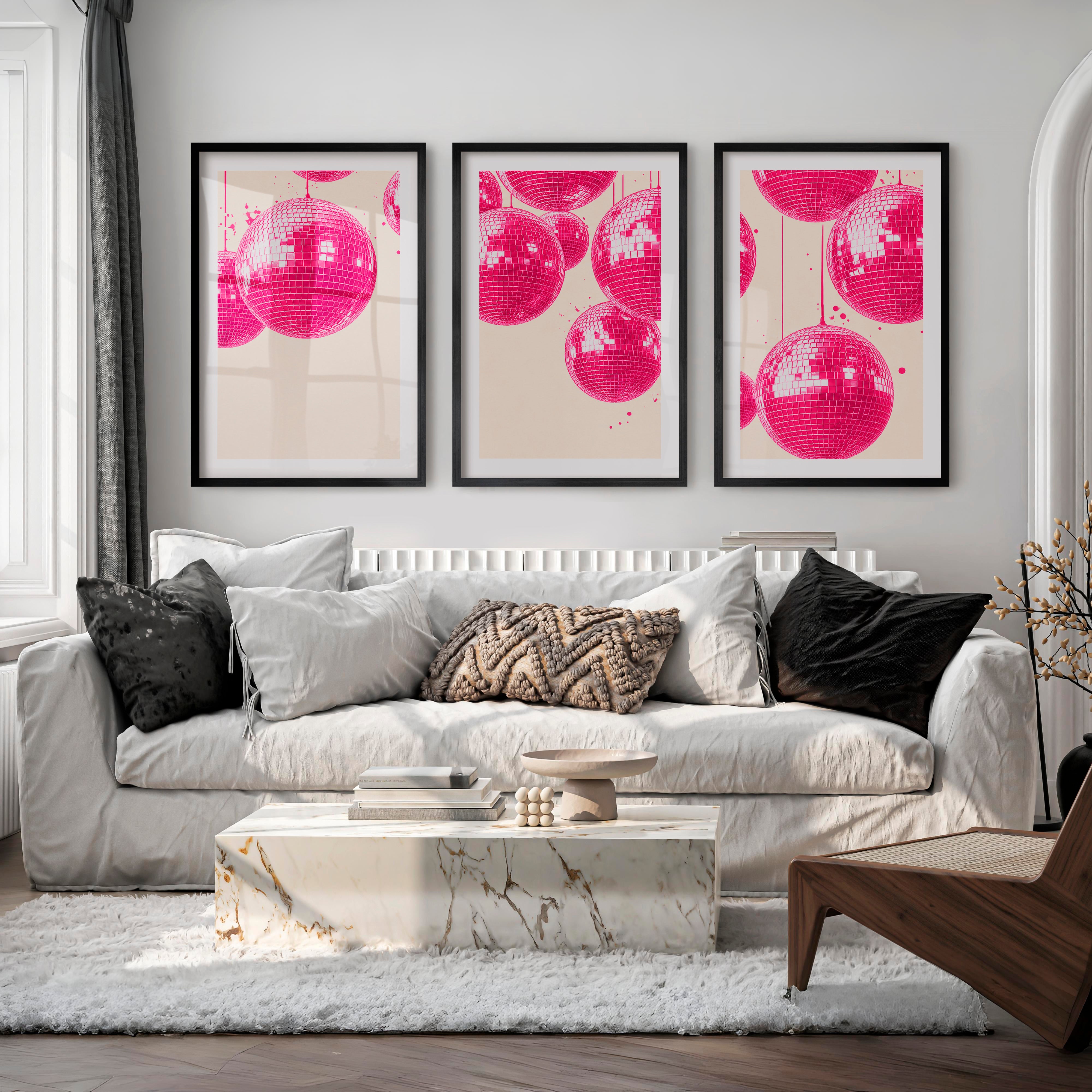 Pink Disco Ball Print for retro interior - Black Framed Poster with White Border - Artworksets