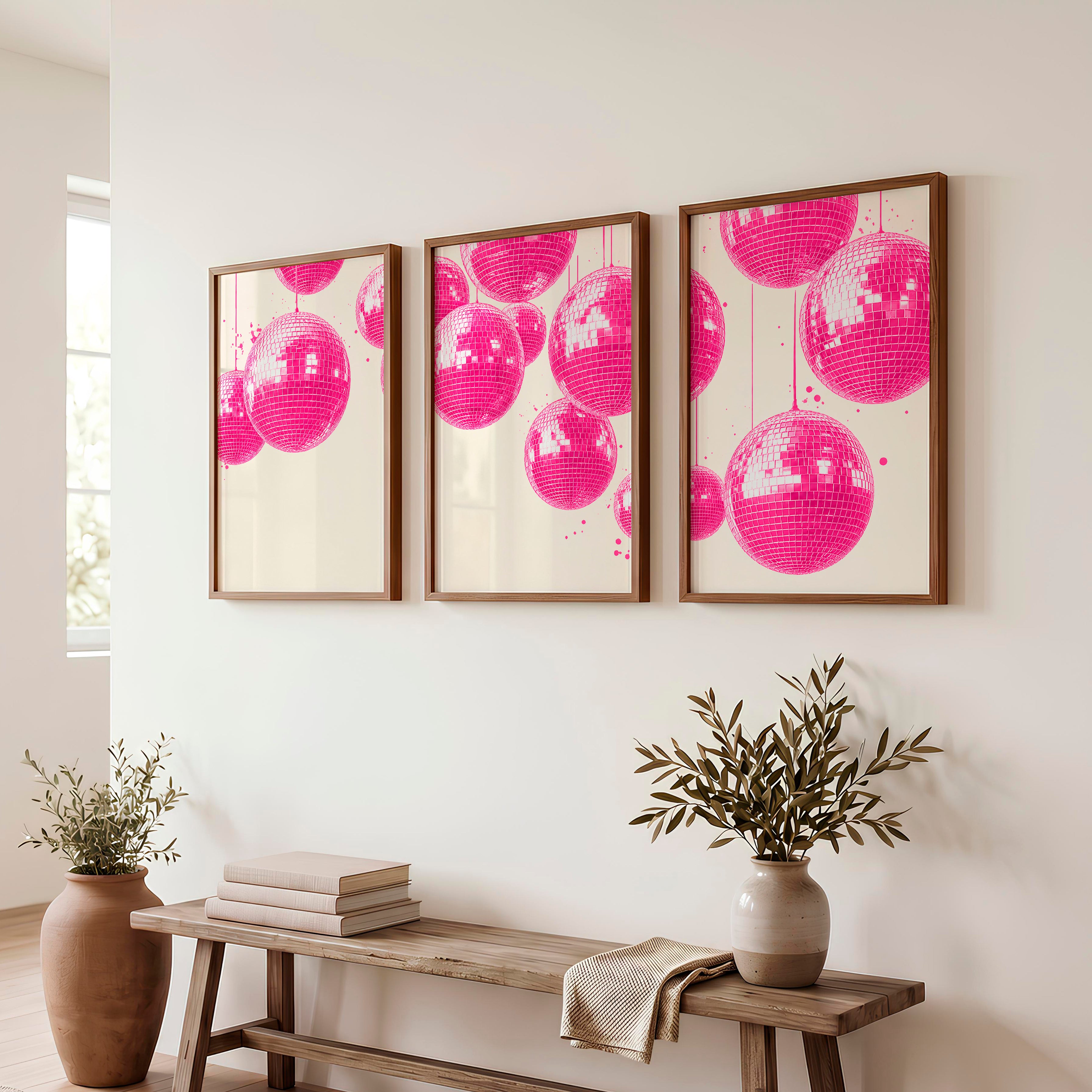 Pink Disco Ball Print for retro interior - Dark Brown Framed Poster No Border - Artworksets