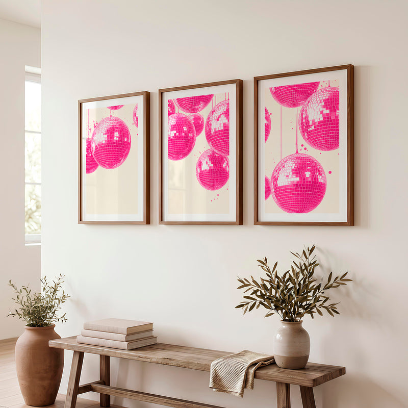 Pink Disco Ball Print for retro interior - Dark Brown Framed Poster with White Border - Artworksets