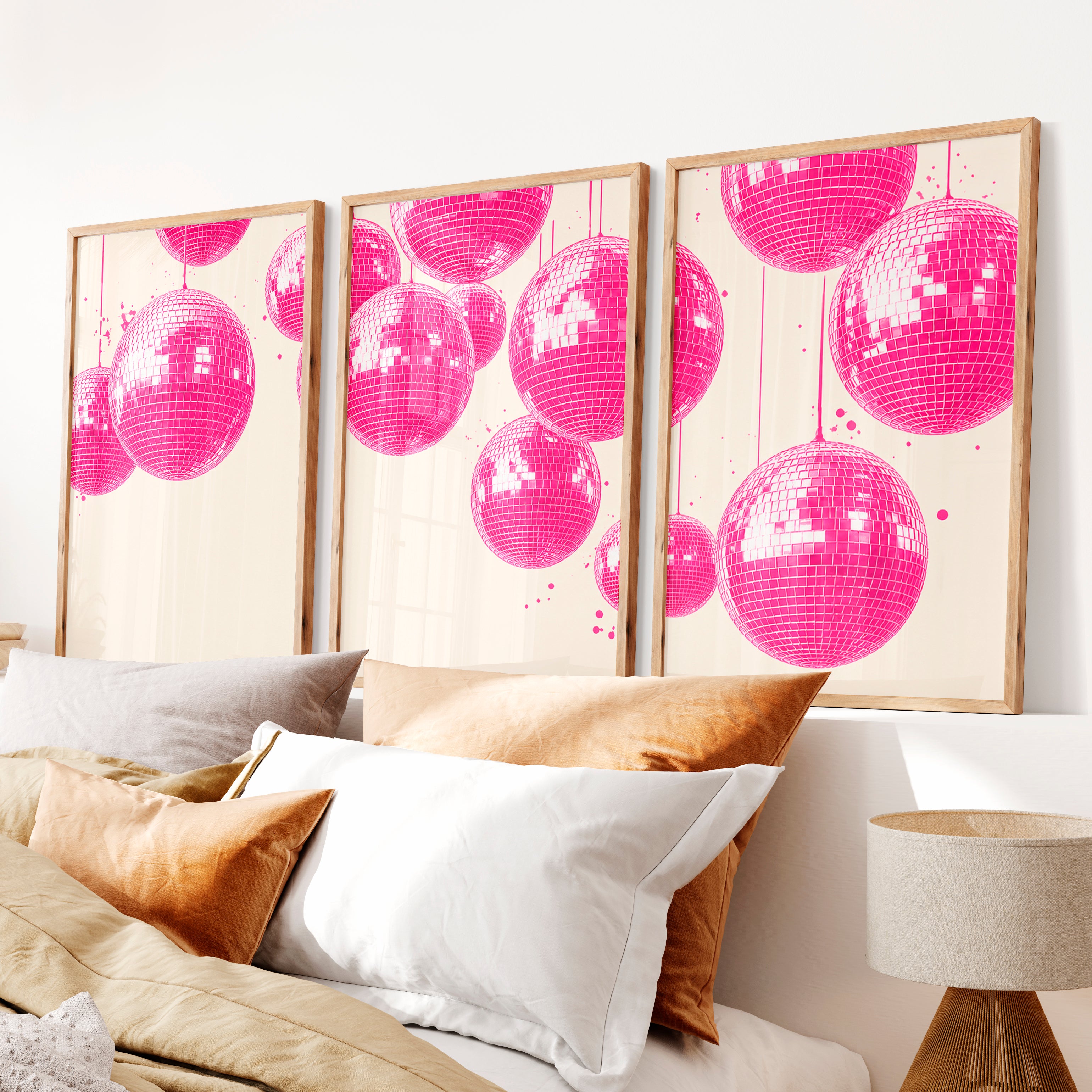 Pink Disco Ball Print for retro interior - Natural Wood Framed Poster No Border - Artworksets