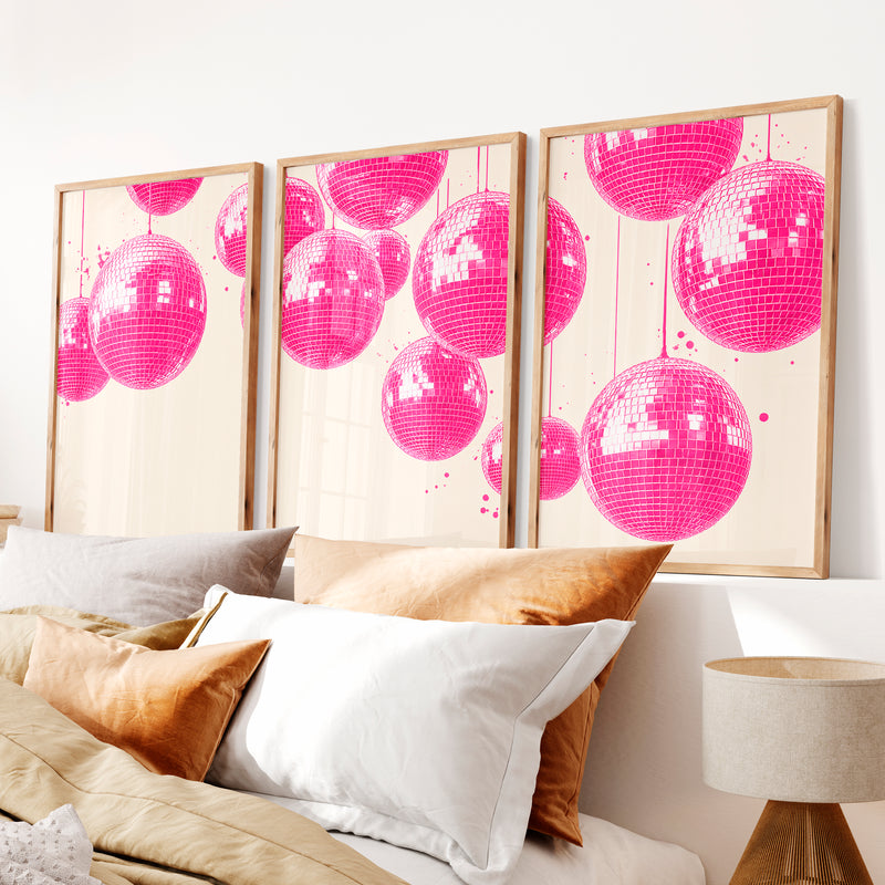 Pink Disco Ball Print for retro interior - Natural Wood Framed Poster No Border - Artworksets