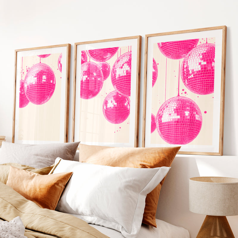 Pink Disco Ball Print for retro interior- Natural Wood Framed Poster with White Border - Artworksets