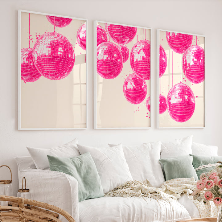 Pink Disco Ball Print for retro interior - White Framed Poster No Border - Artworksets
