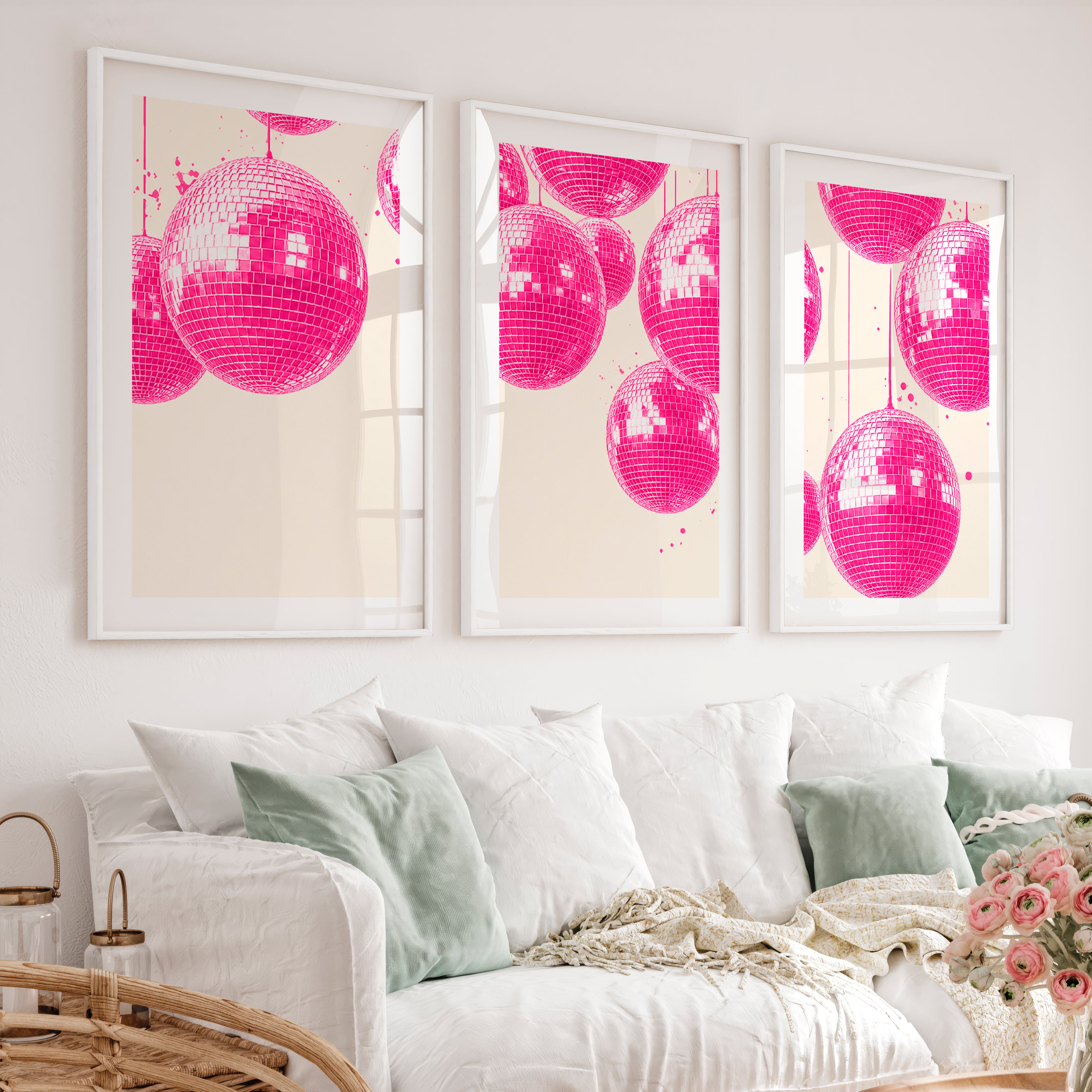 Pink Disco Ball Print for retro interior - White Framed Poster with White Border - Artworksets