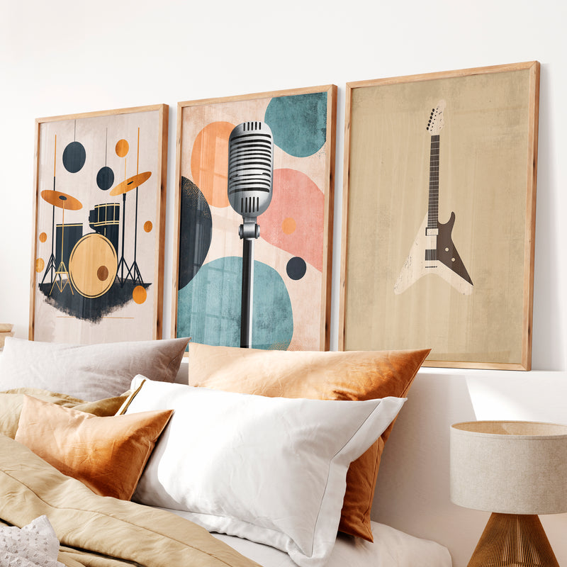 Music Studio retro interior Wall Art - Natural Wood Framed Poster No Border - Artworksets