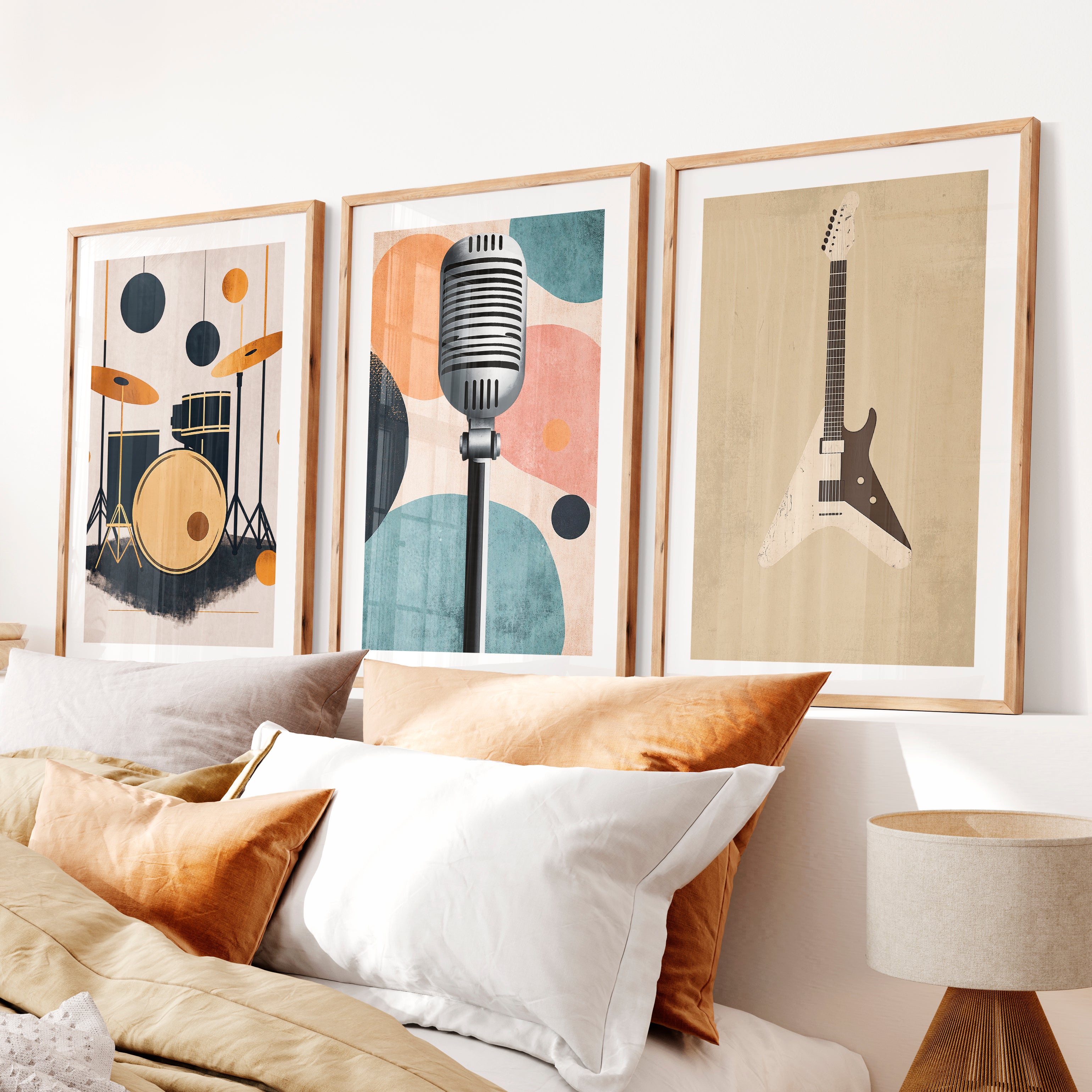 Music Studio retro interior Wall Art- Natural Wood Framed Poster with White Border - Artworksets