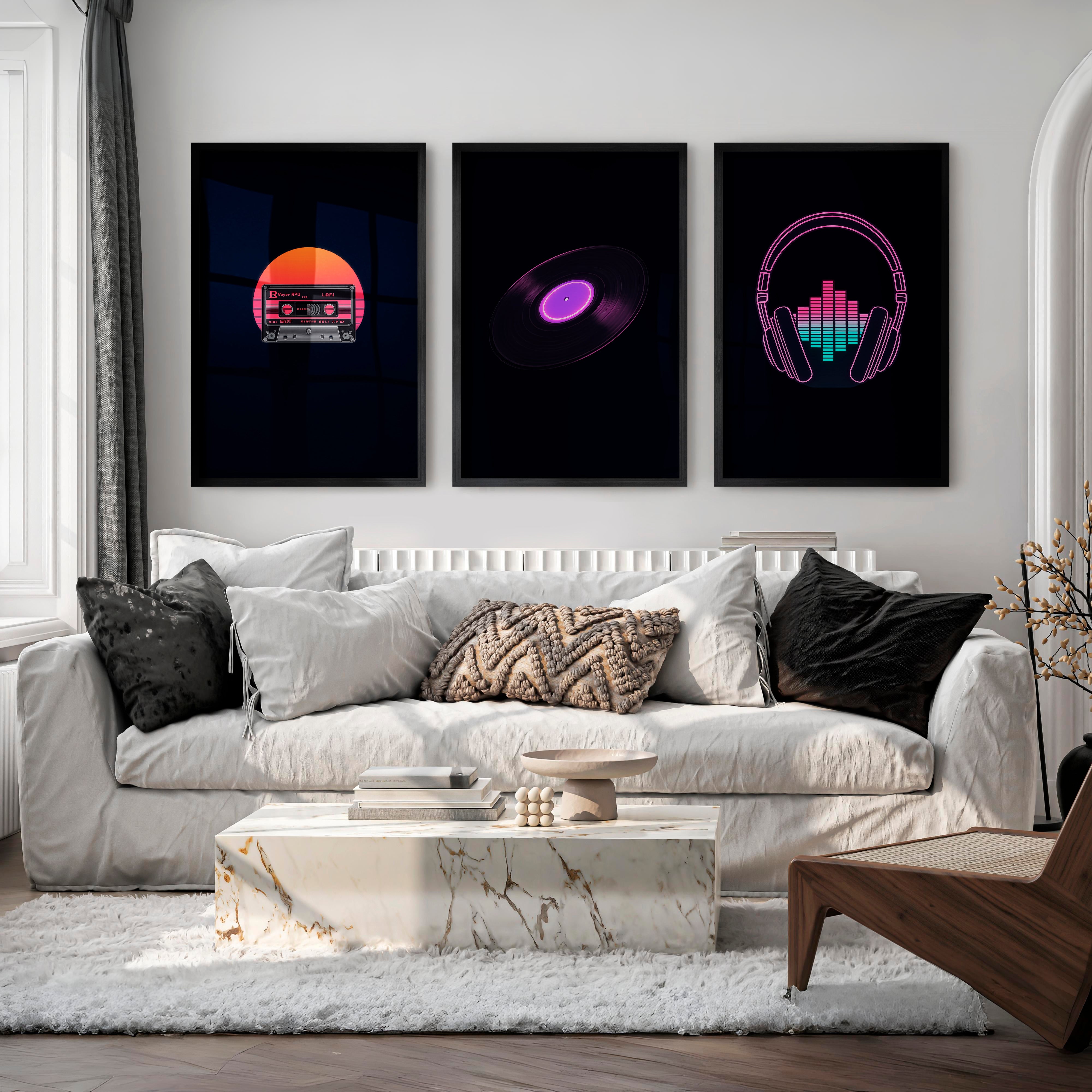 Neon Music Print Set for retro interior style - Black Framed Poster No Border - Artworksets