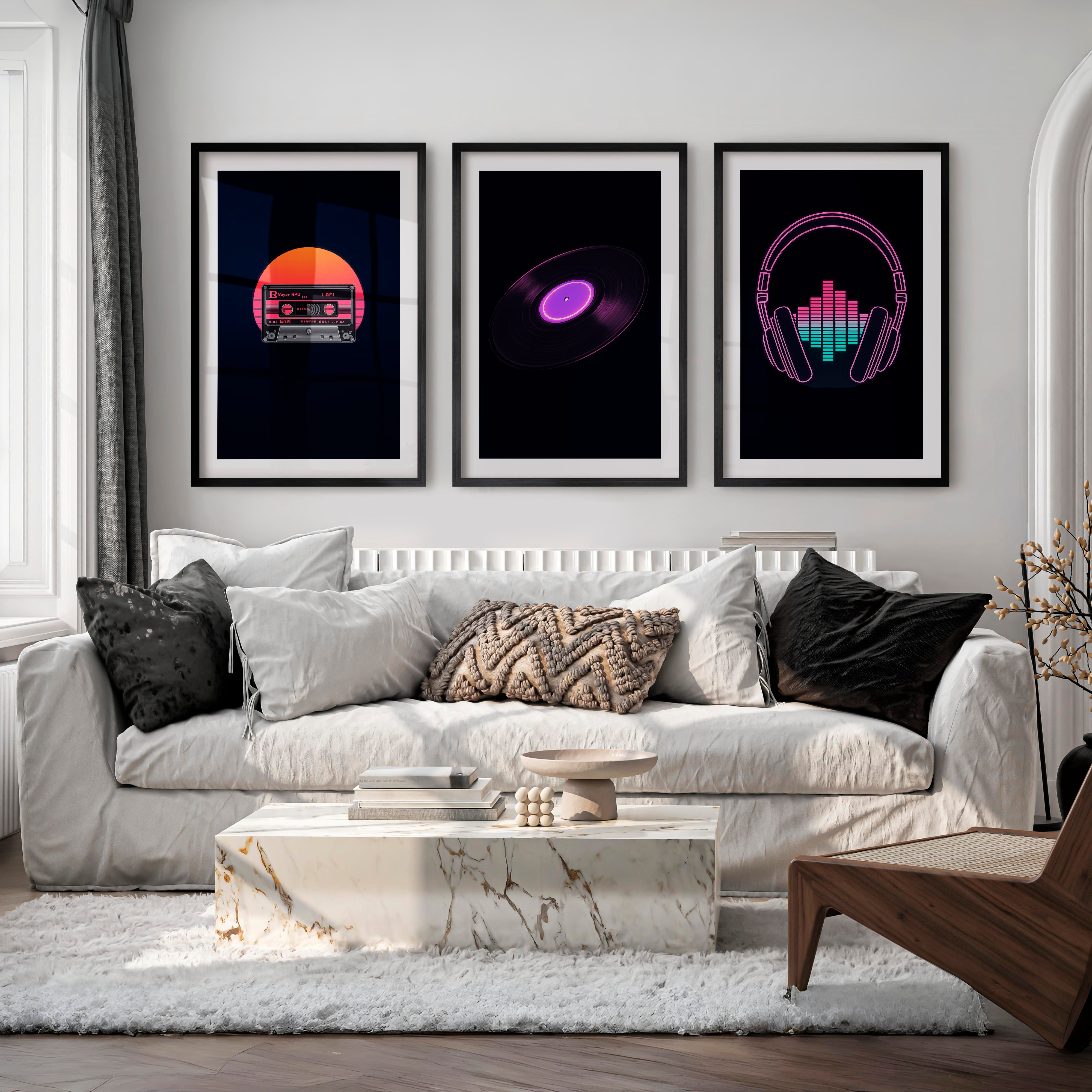 Neon Music Print Set for retro interior style - Black Framed Poster with White Border - Artworksets