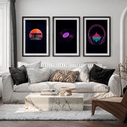 Neon Music Print Set for retro interior style - Black Framed Poster with White Border - Artworksets
