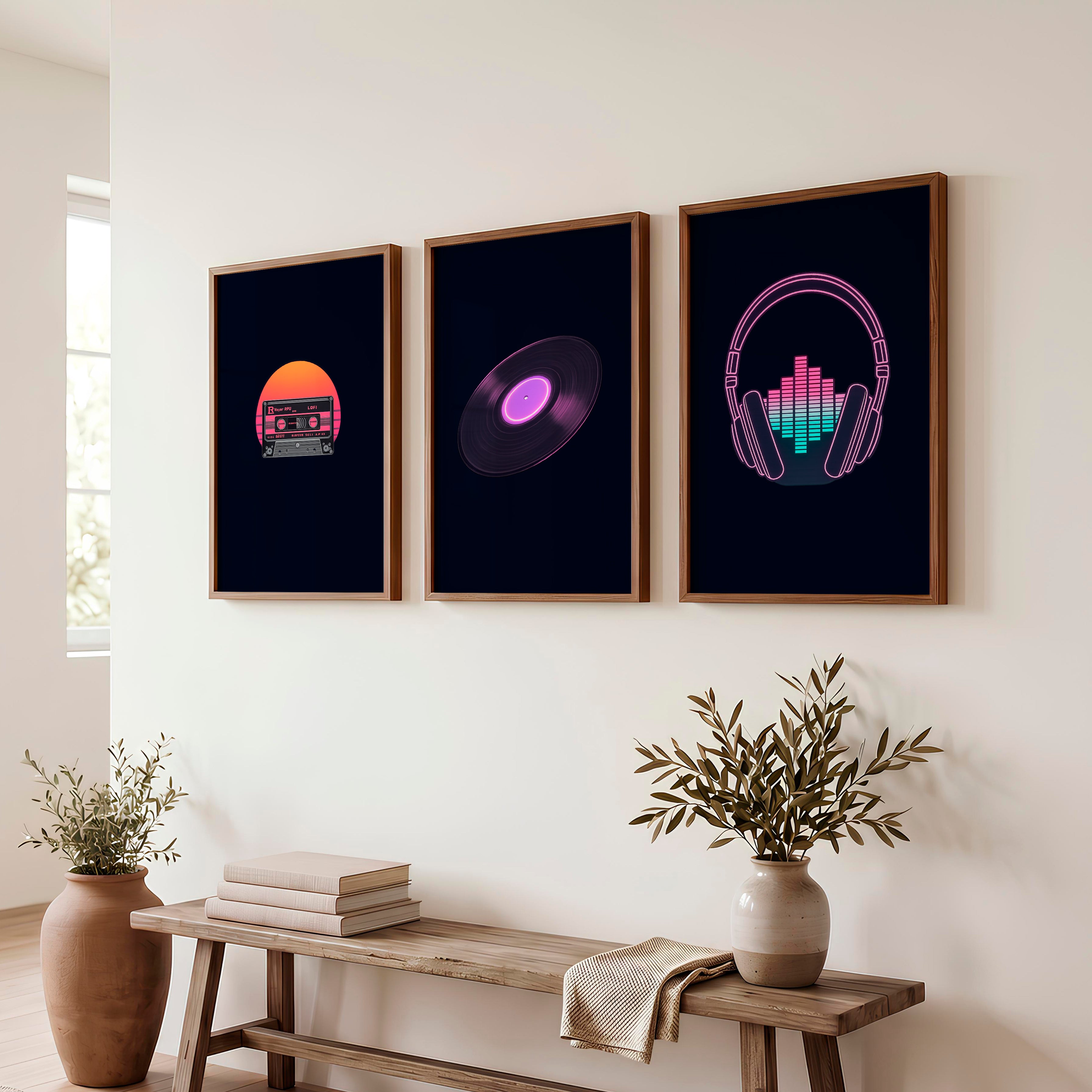 Neon Music Print Set for retro interior style - Dark Brown Framed Poster No Border - Artworksets