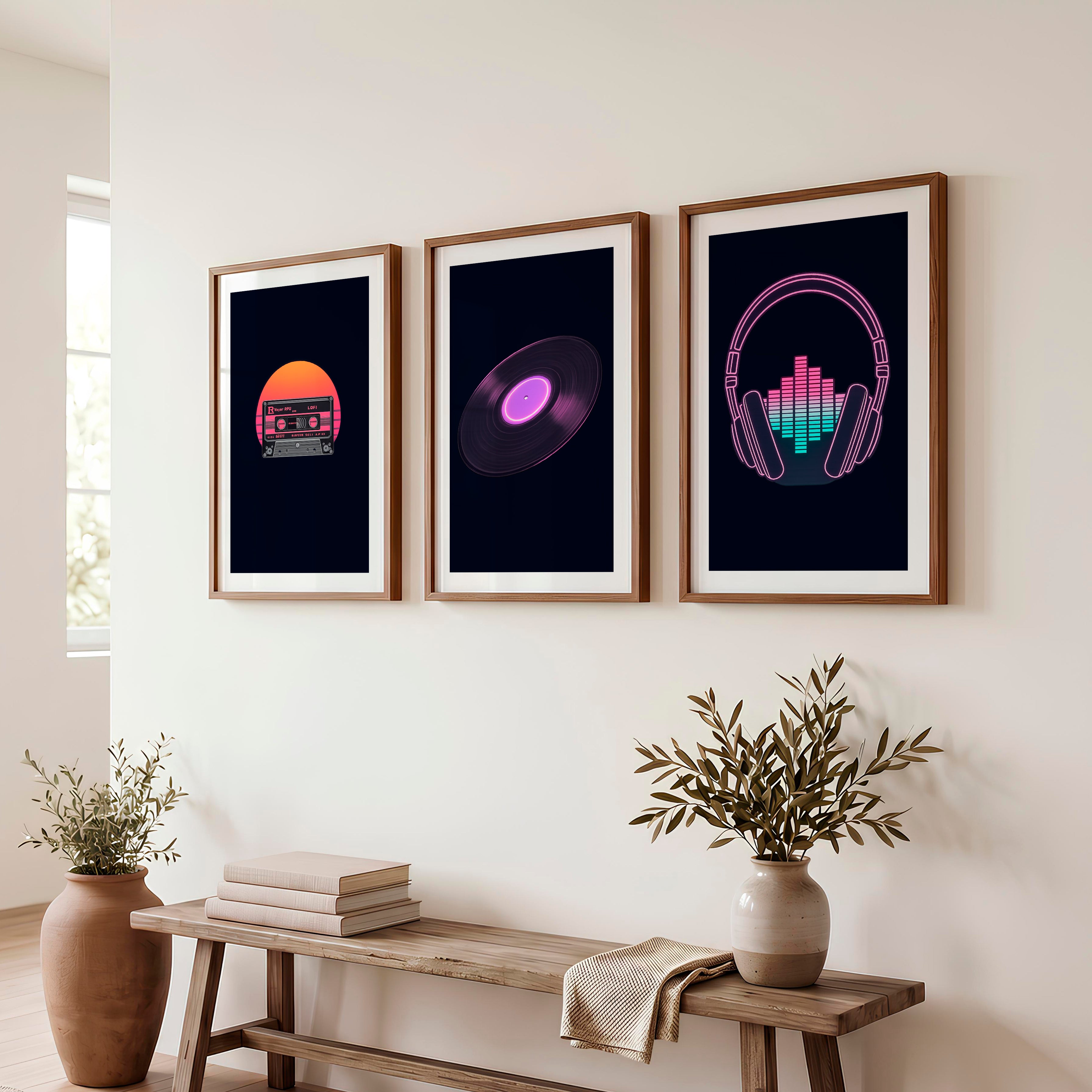 Neon Music Print Set for retro interior style - Dark Brown Framed Poster with White Border - Artworksets