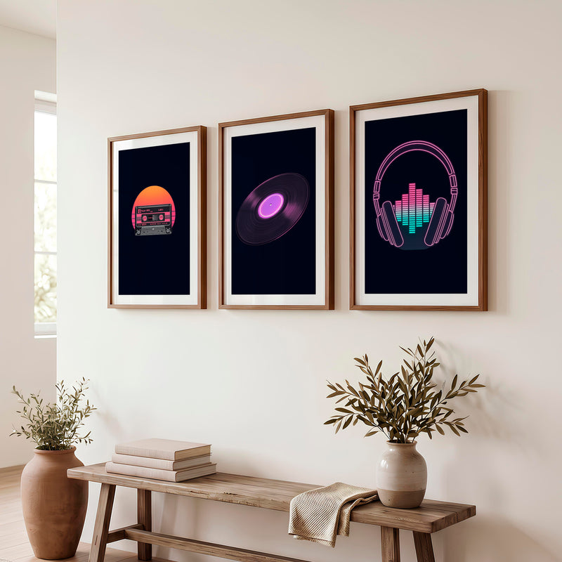 Neon Music Print Set for retro interior style - Dark Brown Framed Poster with White Border - Artworksets