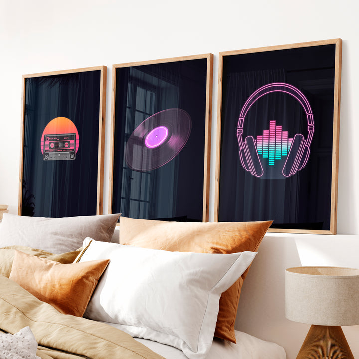 Neon Music Print Set for retro interior style - Natural Wood Framed Poster No Border - Artworksets