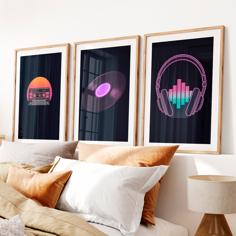 Neon Music Print Set for retro interior style- Natural Wood Framed Poster with White Border - Artworksets