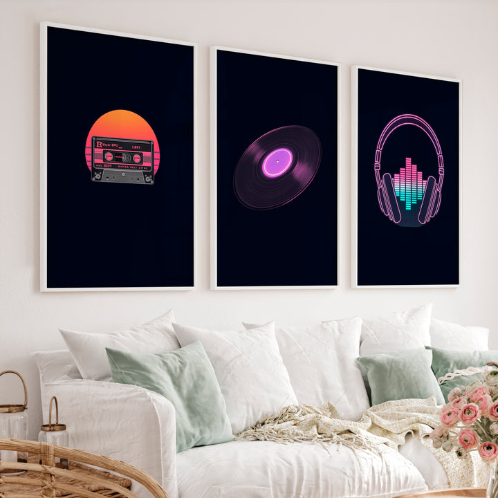 Neon Music Print Set for retro interior style - White Framed Poster No Border - Artworksets