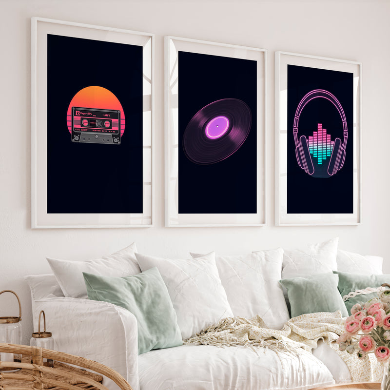 Neon Music Print Set for retro interior style - White Framed Poster with White Border - Artworksets