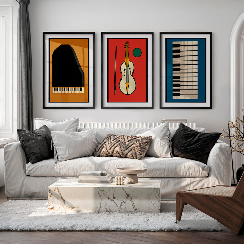 Retro Interior Style Music Poster Set - Black Framed Poster with White Border - Artworksets
