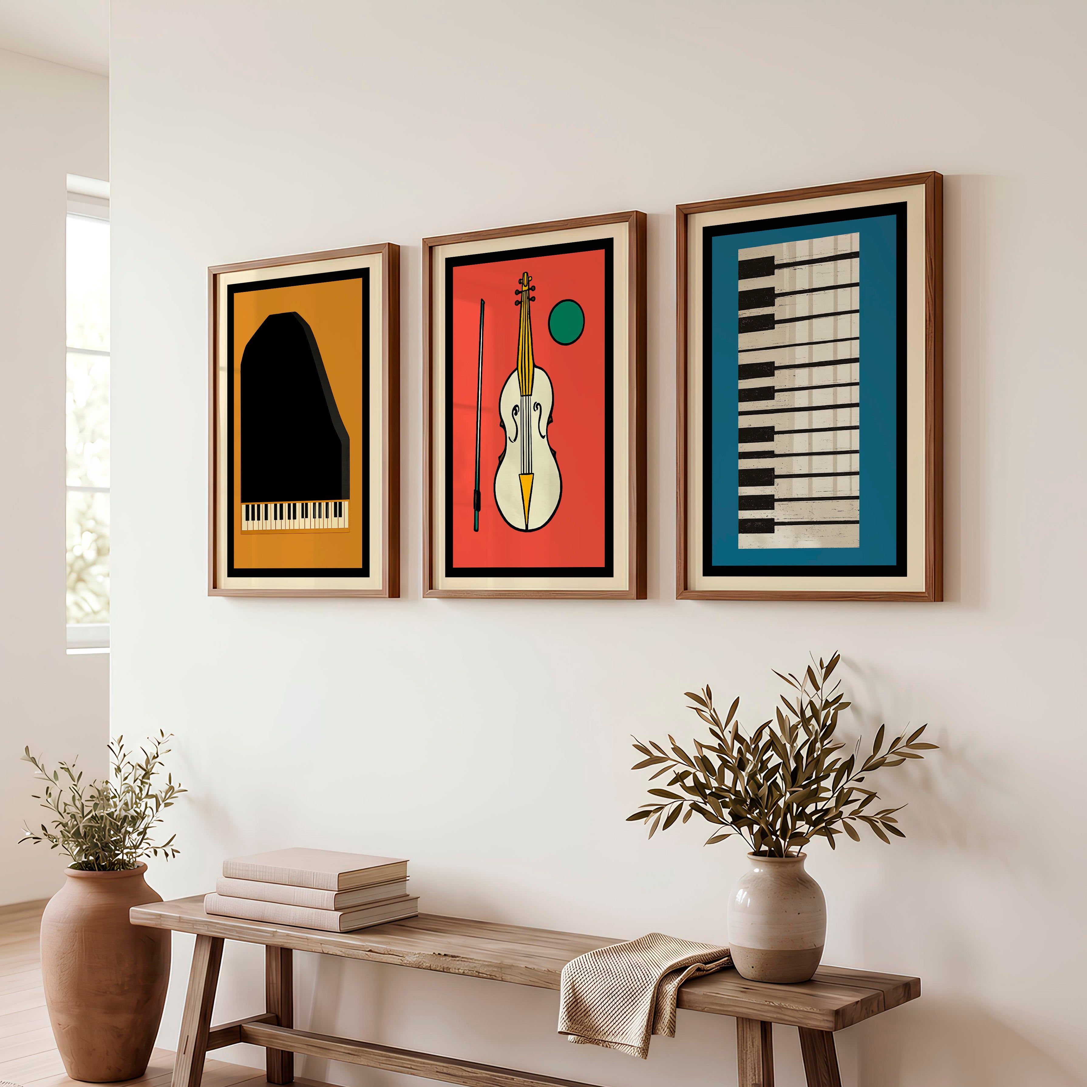 Retro Interior Style Music Poster Set - Dark Brown Framed Poster No Border - Artworksets