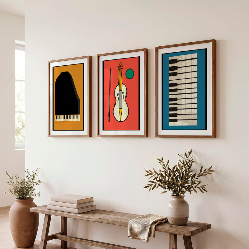 Retro Interior Style Music Poster Set - Dark Brown Framed Poster with White Border - Artworksets