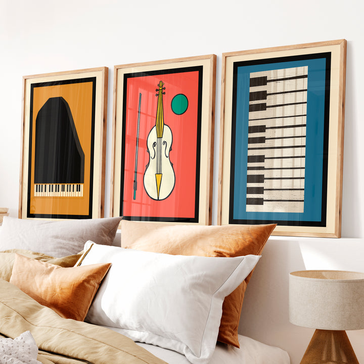 Retro Interior Style Music Poster Set - Natural Wood Framed Poster No Border - Artworksets