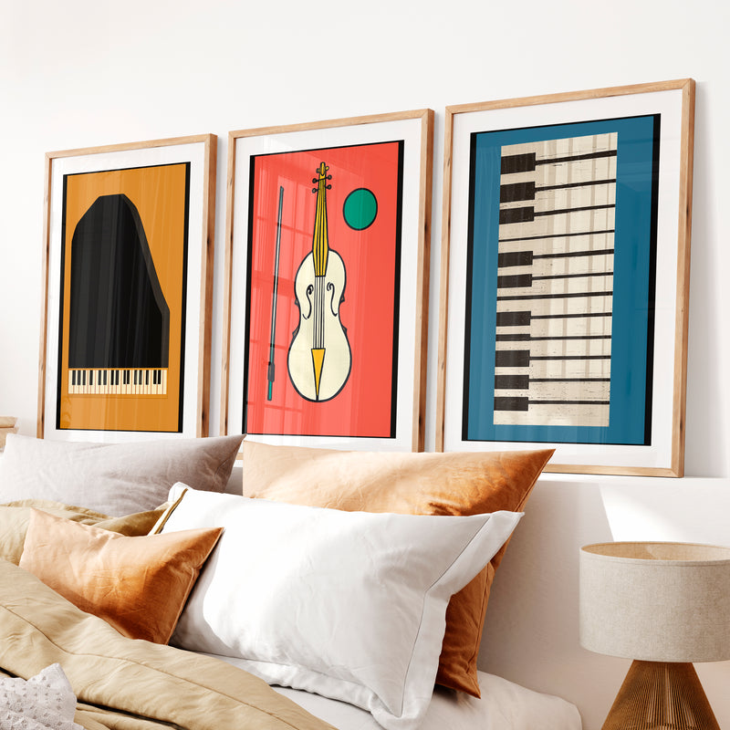 Retro Interior Style Music Poster Set- Natural Wood Framed Poster with White Border - Artworksets