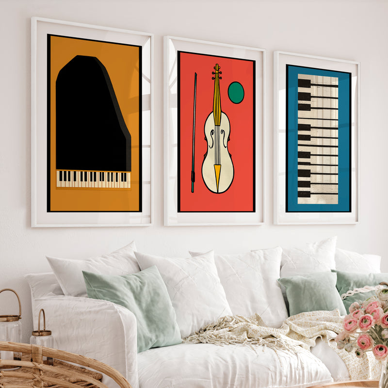 Retro Interior Style Music Poster Set - White Framed Poster with White Border - Artworksets