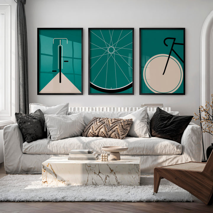 Retro Modern Wall Art Featuring Bicycle Handlebars in Teal - Black Framed Poster No Border - Artworksets