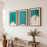 Retro Modern Wall Art Featuring Bicycle Handlebars in Teal - Dark Brown Framed Poster with White Border - Artworksets