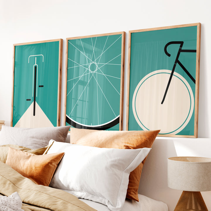 Retro Modern Wall Art Featuring Bicycle Handlebars in Teal - Natural Wood Framed Poster No Border - Artworksets