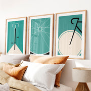 Retro Modern Wall Art Featuring Bicycle Handlebars in Teal- Natural Wood Framed Poster with White Border - Artworksets