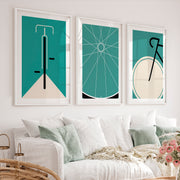 Retro Modern Wall Art Featuring Bicycle Handlebars in Teal - White Framed Poster with White Border - Artworksets