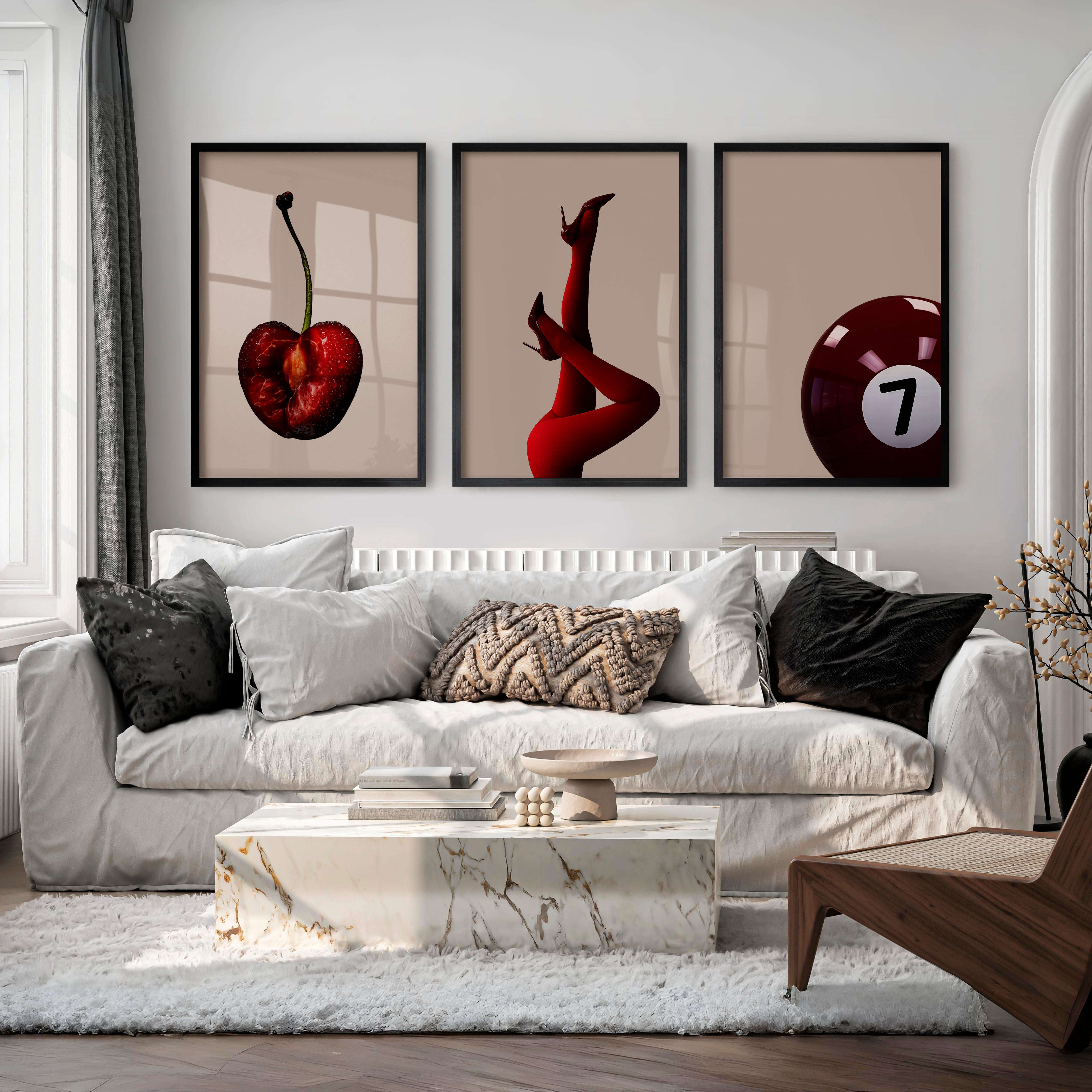Retro Modern Wall Art with Cherry, Red Heels, and Billiard Ball - Black Framed Poster No Border - Artworksets