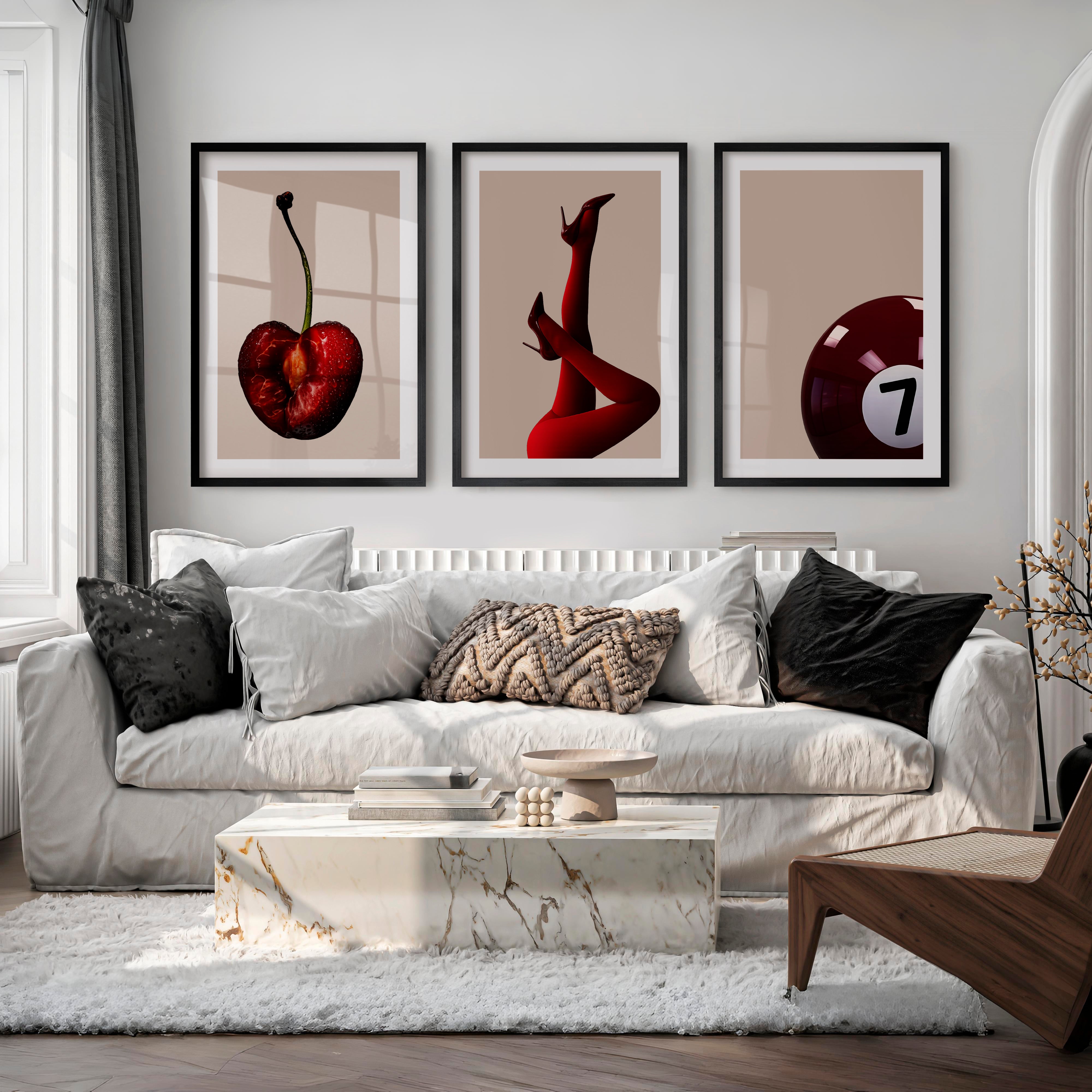 Retro Modern Wall Art with Cherry, Red Heels, and Billiard Ball - Black Framed Poster with White Border - Artworksets