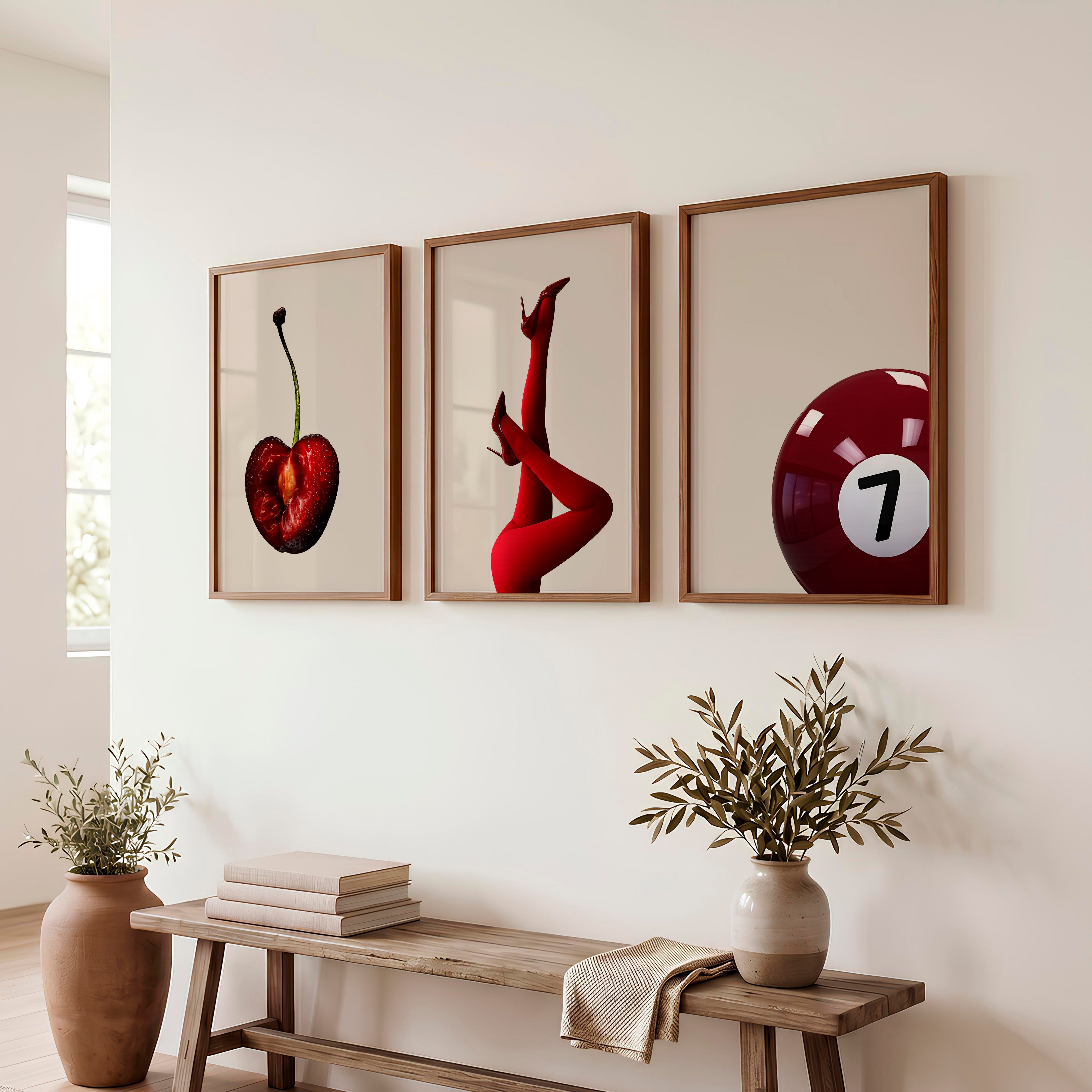 Retro Modern Wall Art with Cherry, Red Heels, and Billiard Ball - Dark Brown Framed Poster No Border - Artworksets
