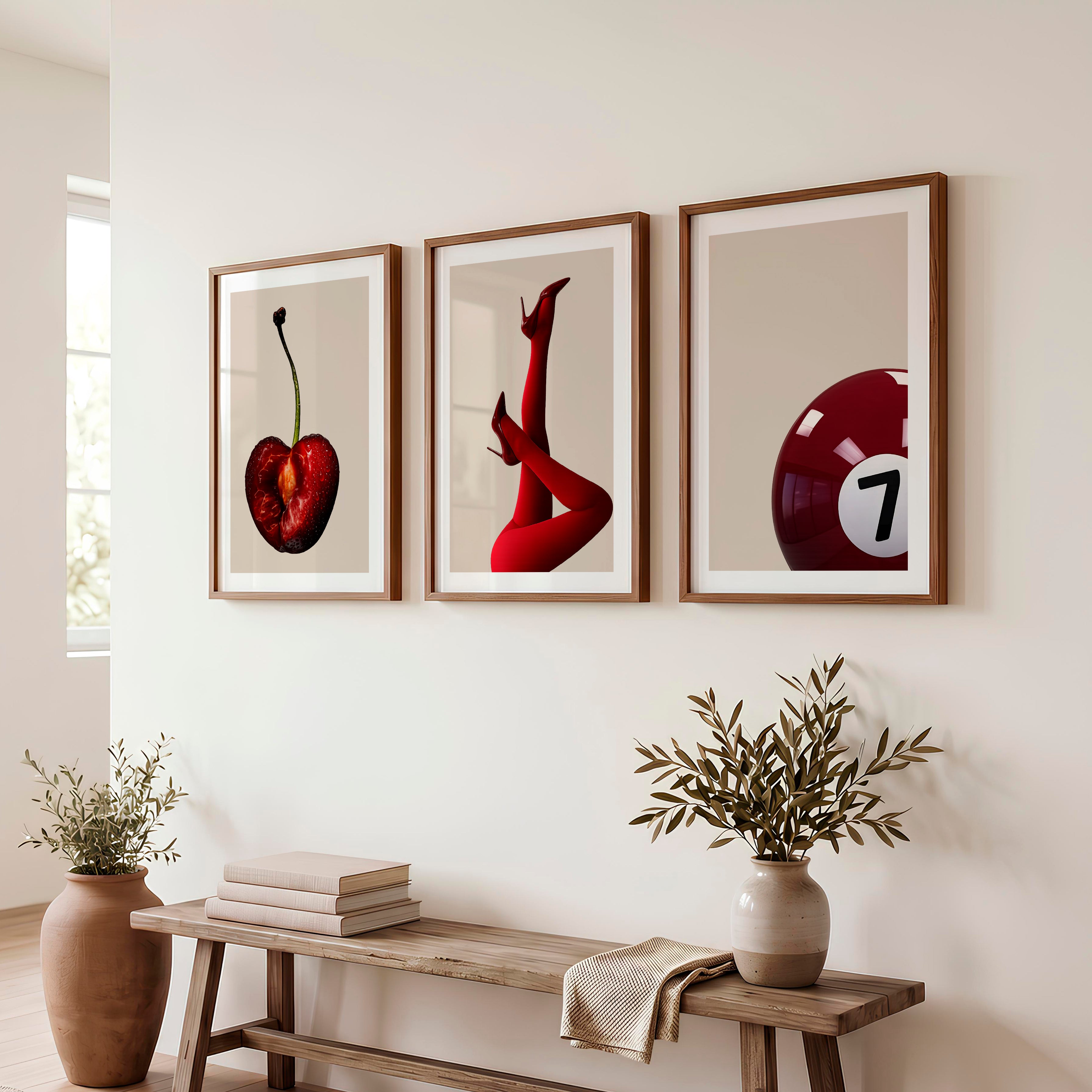 Retro Modern Wall Art with Cherry, Red Heels, and Billiard Ball - Dark Brown Framed Poster with White Border - Artworksets
