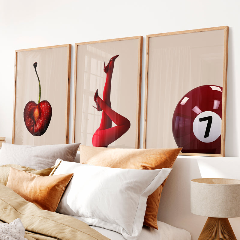 Retro Modern Wall Art with Cherry, Red Heels, and Billiard Ball - Natural Wood Framed Poster No Border - Artworksets
