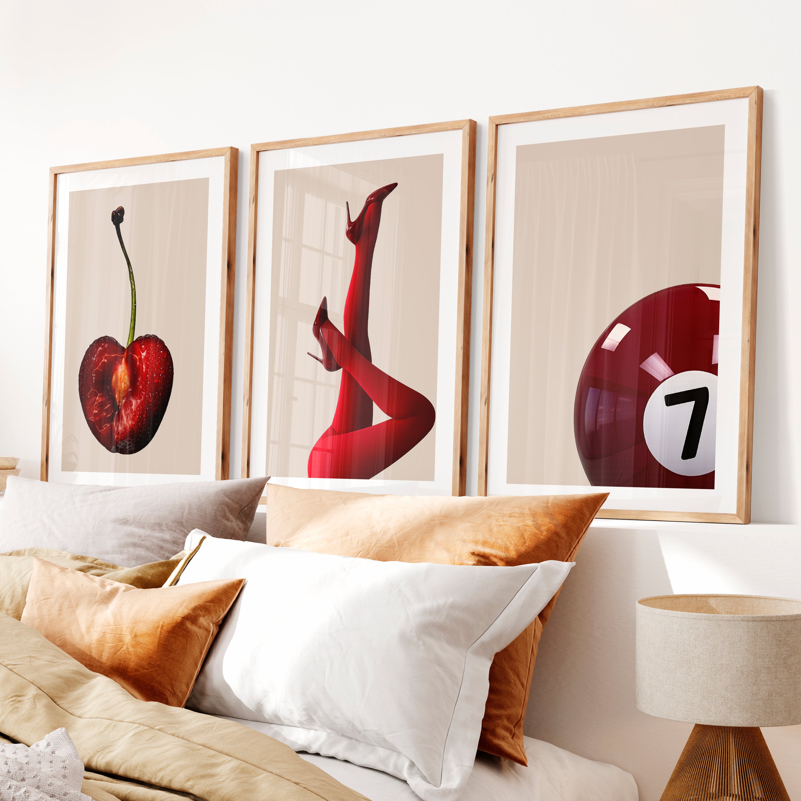 Retro Modern Wall Art with Cherry, Red Heels, and Billiard Ball- Natural Wood Framed Poster with White Border - Artworksets