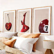 Retro Modern Wall Art with Cherry, Red Heels, and Billiard Ball- Natural Wood Framed Poster with White Border - Artworksets