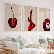Retro Modern Wall Art with Cherry, Red Heels, and Billiard Ball - White Framed Poster No Border - Artworksets