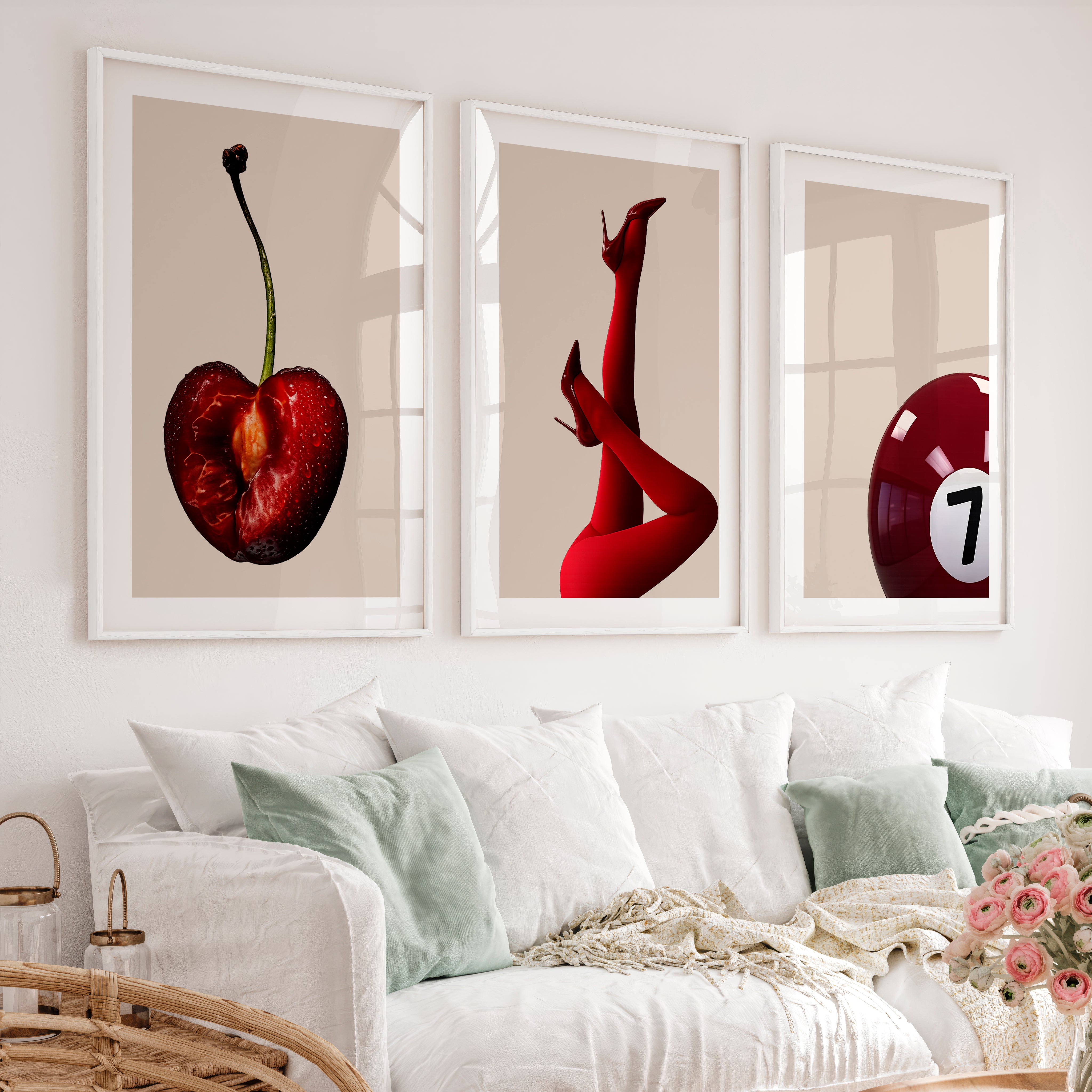 Retro Modern Wall Art with Cherry, Red Heels, and Billiard Ball - White Framed Poster with White Border - Artworksets