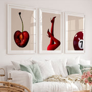 Retro Modern Wall Art with Cherry, Red Heels, and Billiard Ball - White Framed Poster with White Border - Artworksets