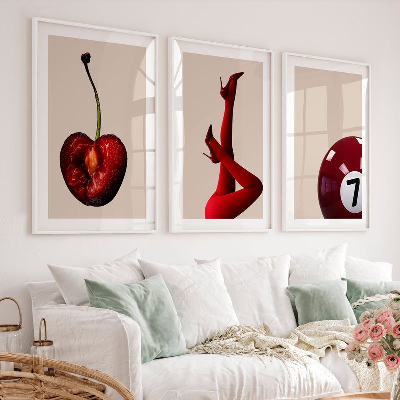 Retro Modern Wall Art with Cherry, Red Heels, and Billiard Ball - White Framed Poster with White Border - Artworksets