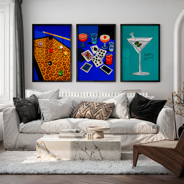 Pool Table and Martini Retro Pictures for Wall Print - Black Framed Poster No Border - Artworksets